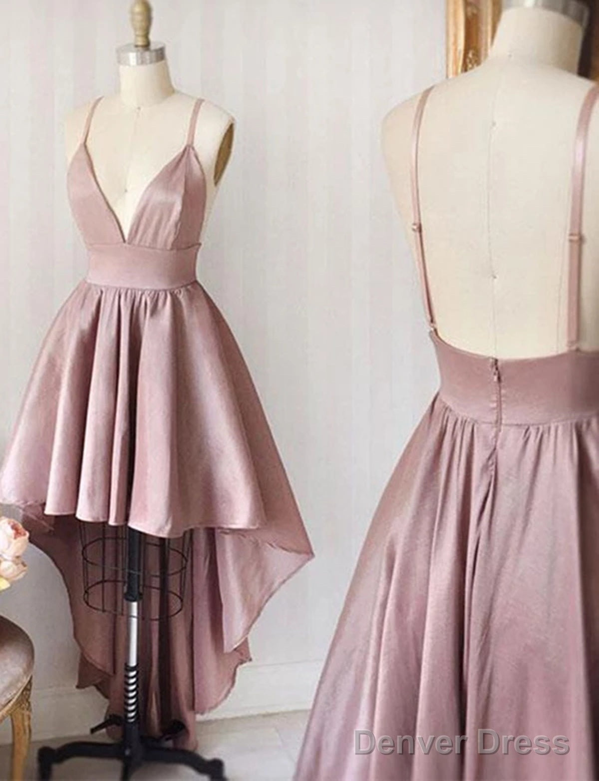 V Neck Backless Navy Blue/Pink High Low Prom Dresses, Backless High Low Formal Graduation Dresses