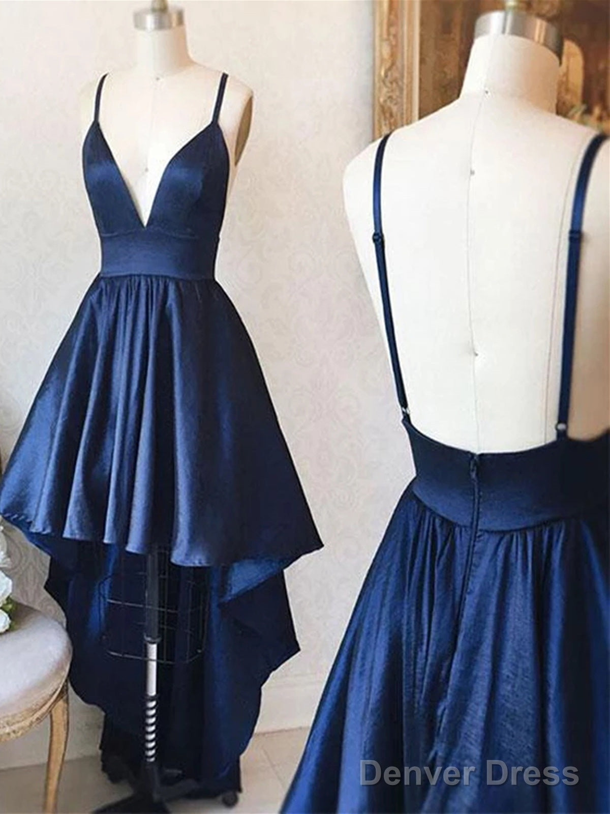 V Neck Backless Navy Blue/Pink High Low Prom Dresses, Backless High Low Formal Graduation Dresses