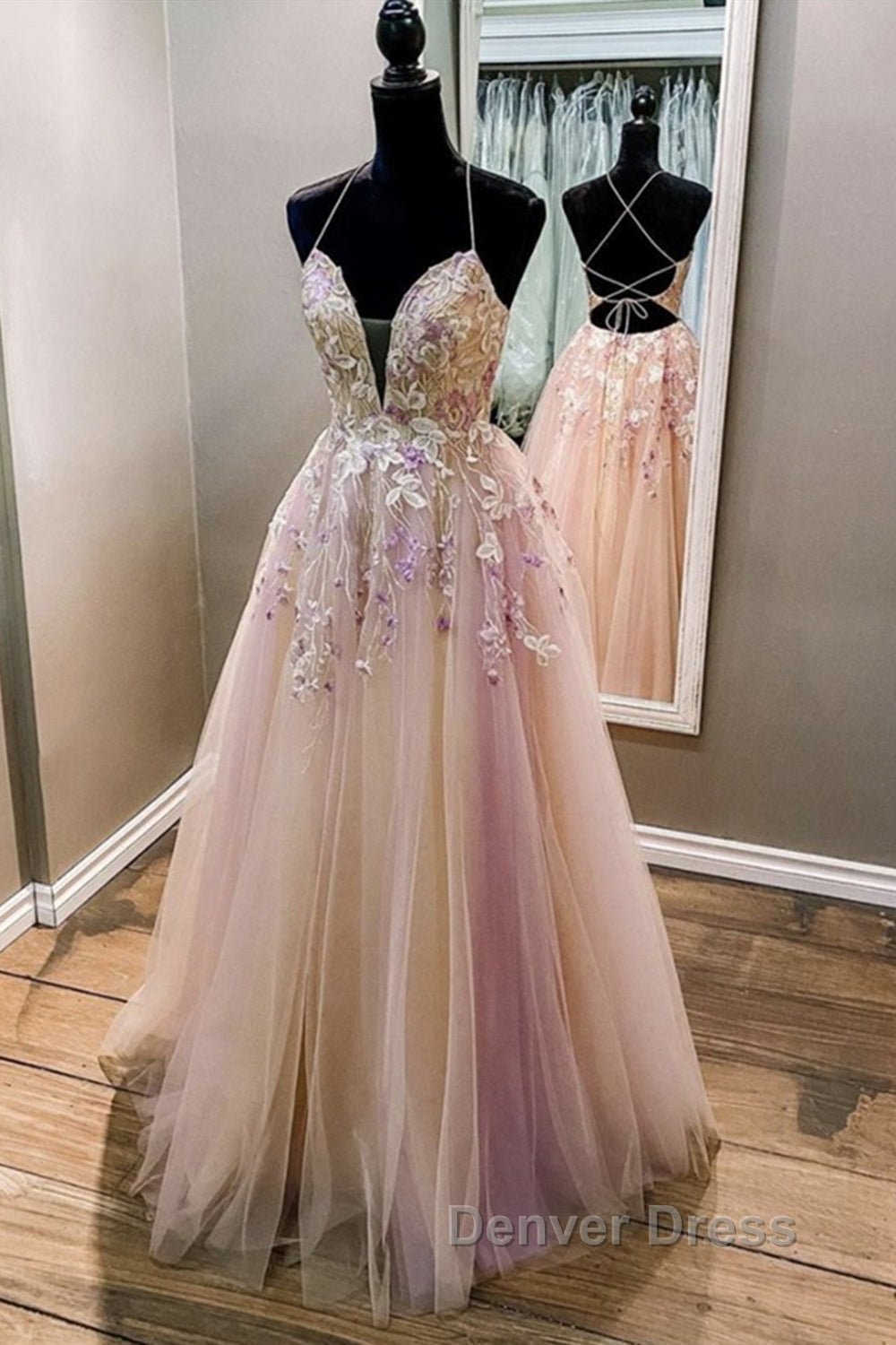 V Neck Backless Pink Lace Floral Long Prom Dress, Pink Lace Prom Dress, Pink Prom Dresses Secondary image
