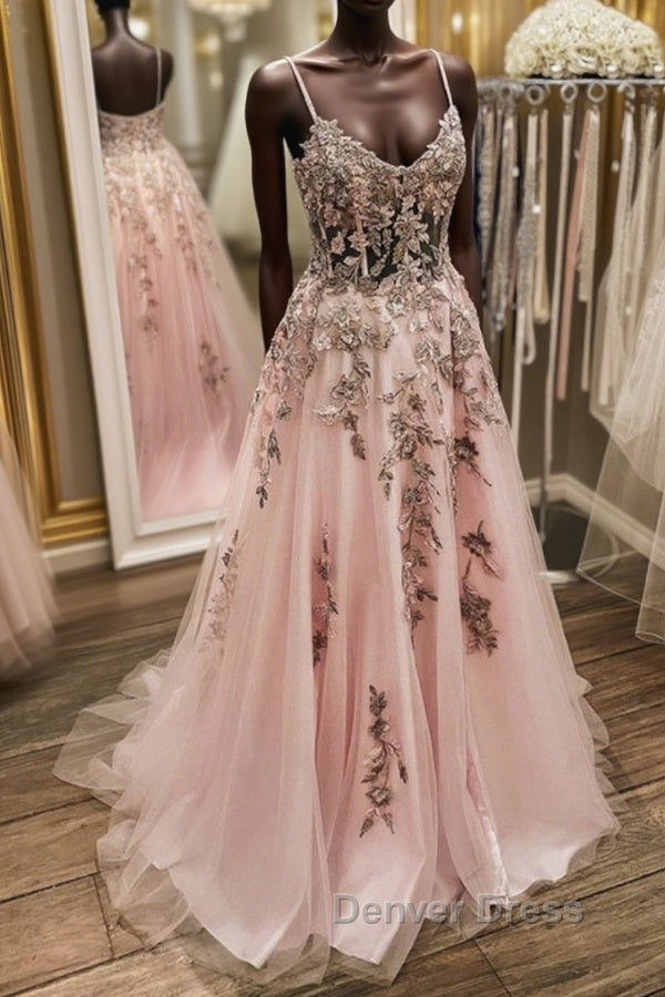 V Neck Backless Pink Lace Long Prom Dress, Long Pink Lace Prom Dresses Main image