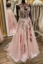 V Neck Backless Pink Lace Long Prom Dress, Long Pink Lace Prom Dresses