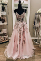 V Neck Backless Pink Lace Long Prom Dress, Long Pink Lace Prom Dresses