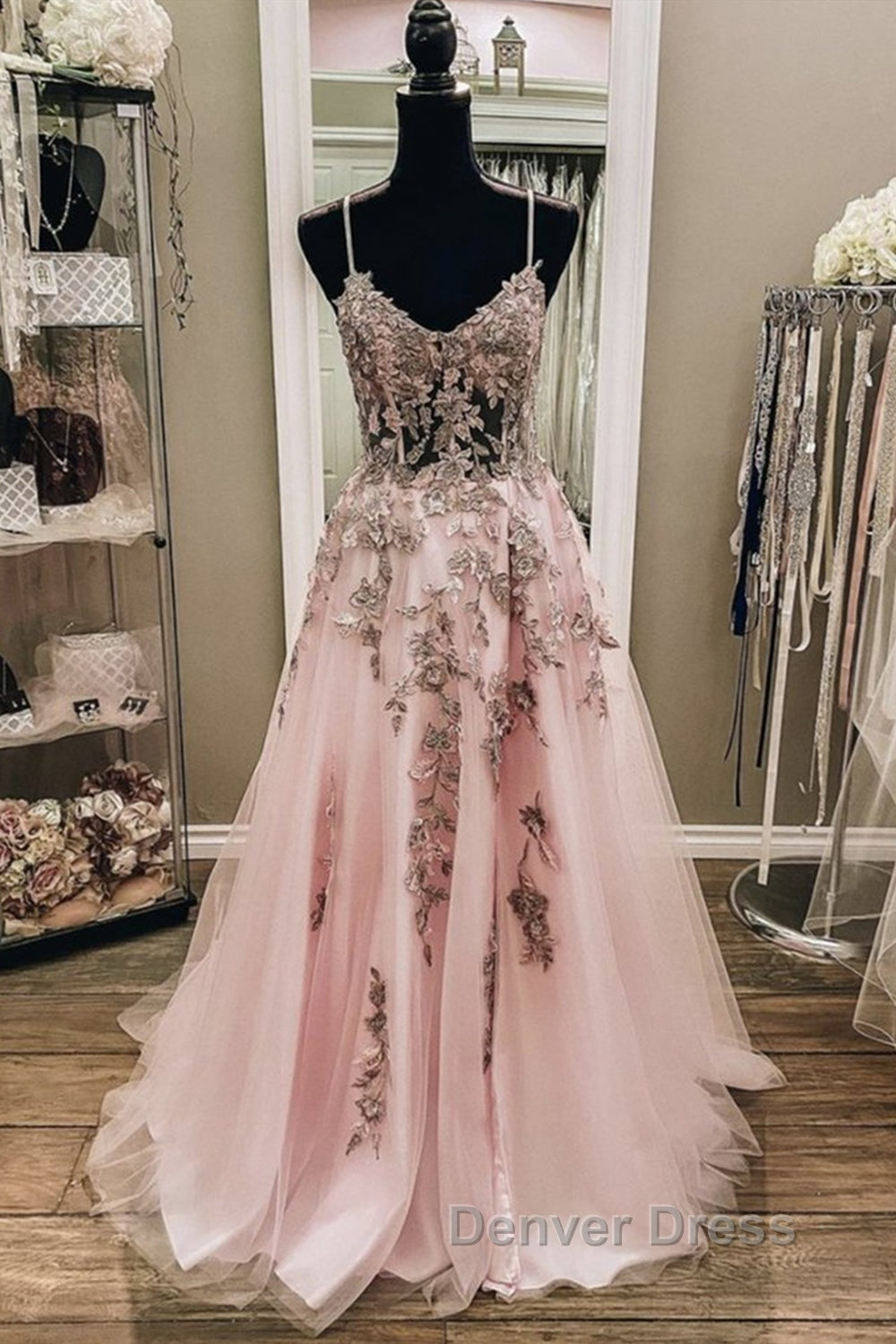 V Neck Backless Pink Lace Long Prom Dress, Long Pink Lace Prom Dresses