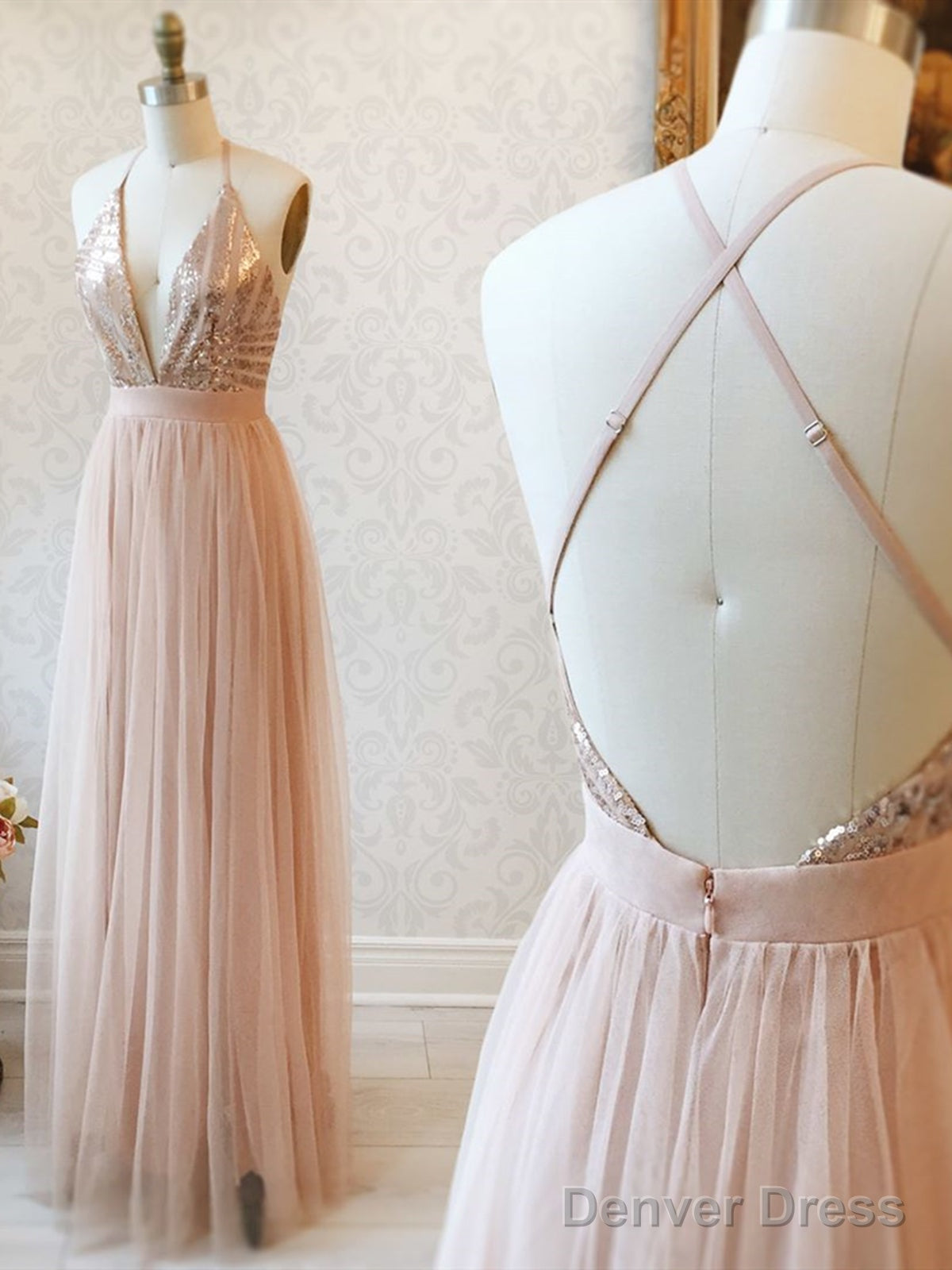 V Neck Backless Rose Gold Prom Dress, Open Back Rose Gold Prom Bridesmaid Dresses Main image