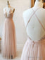 V Neck Backless Rose Gold Prom Dress, Open Back Rose Gold Prom Bridesmaid Dresses