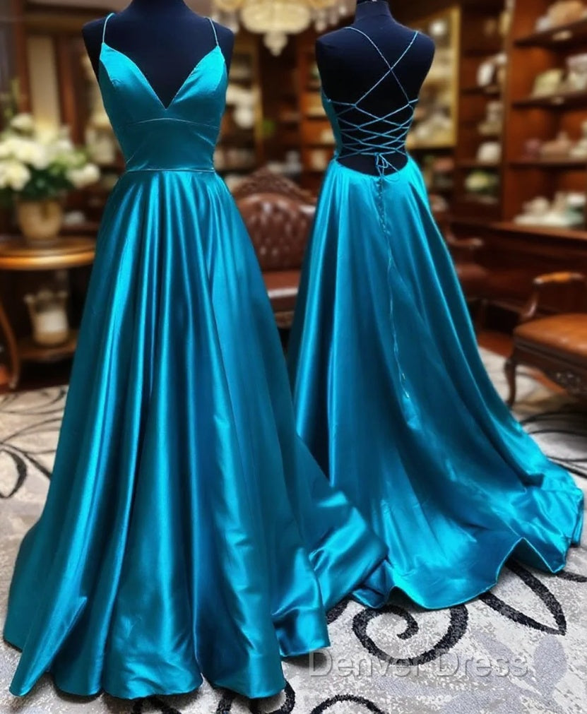 V Neck Backless Teal Long Prom Dresses, V Neck Open Back Blue Formal Evening Dresses Main image