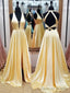 V Neck Backless Yellow Satin Long Prom Dresses, Yellow Open Back Formal Evening Graduation Dresses