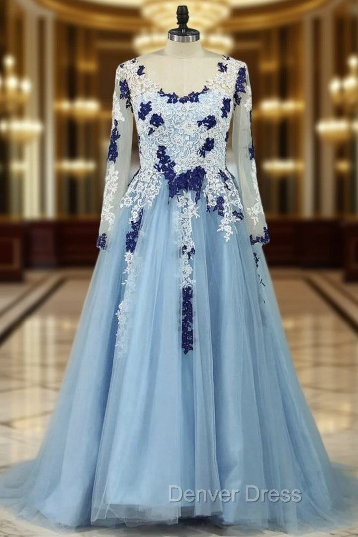 V-Neck Ball Gown Sweep Train Tulle Prom Dresses With Appliqued