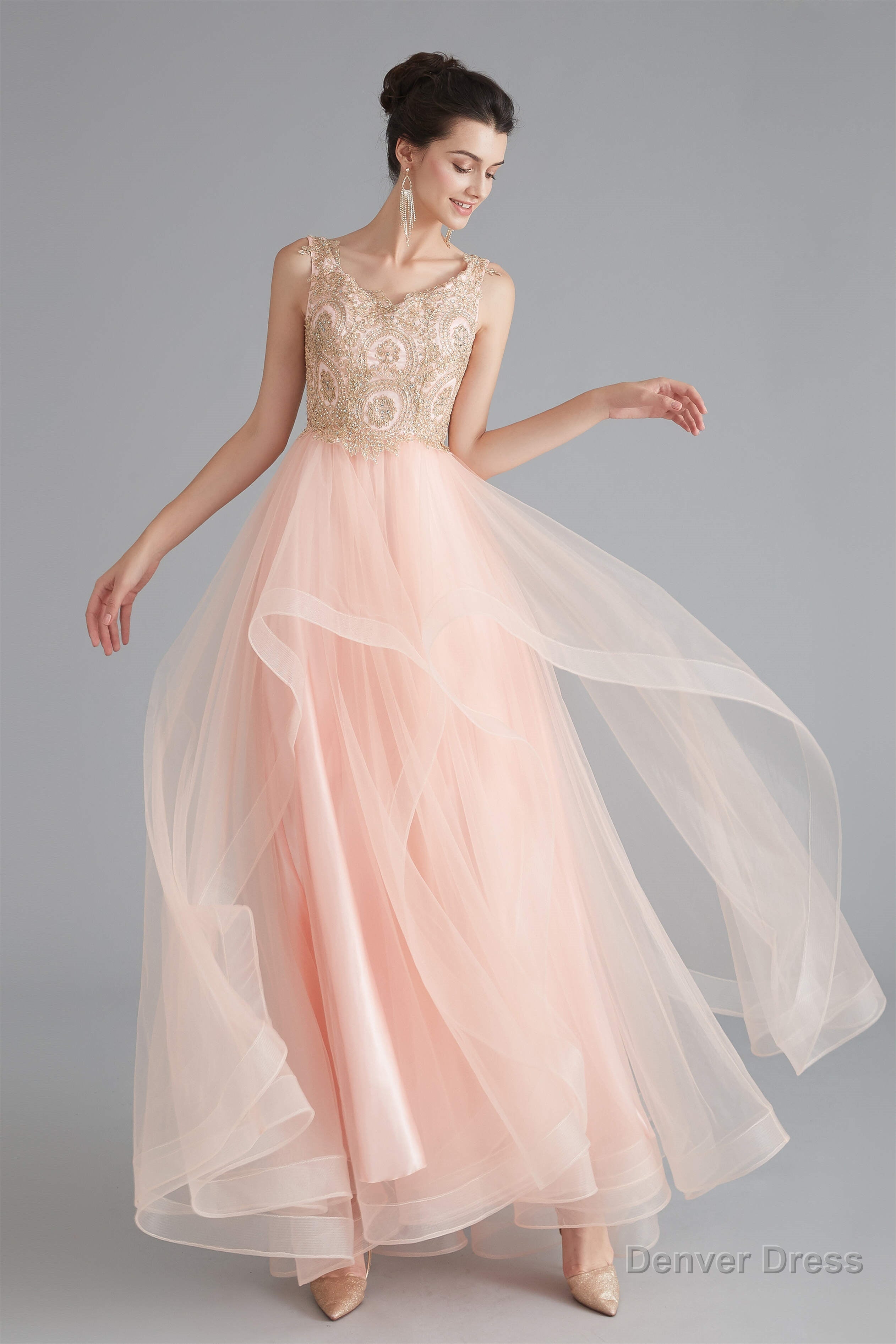 V Neck Beaded Applique Asymmetrical Sleeveless Tulle Prom Dresses