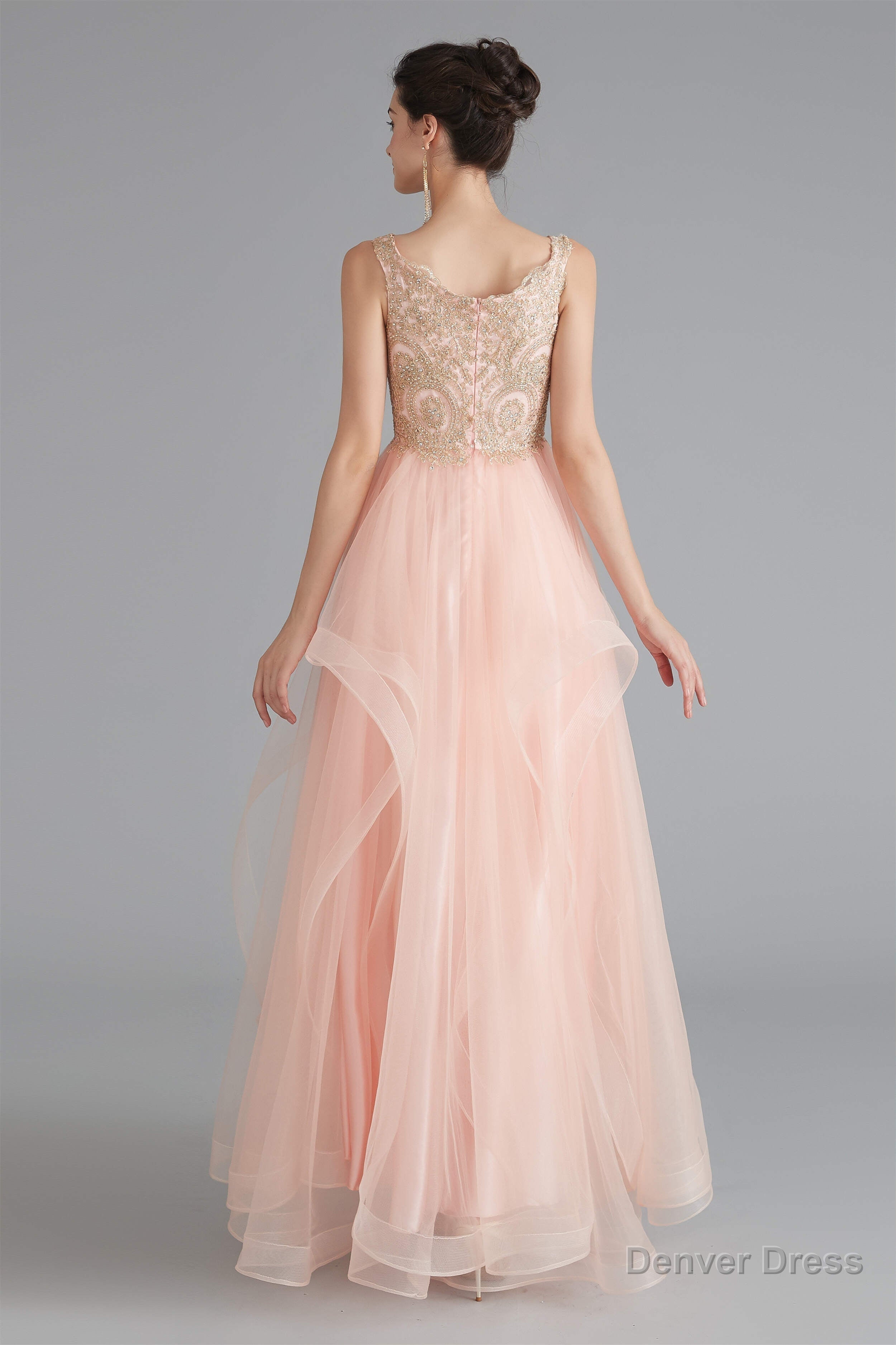 V Neck Beaded Applique Asymmetrical Sleeveless Tulle Prom Dresses