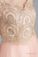V Neck Beaded Applique Asymmetrical Sleeveless Tulle Prom Dresses