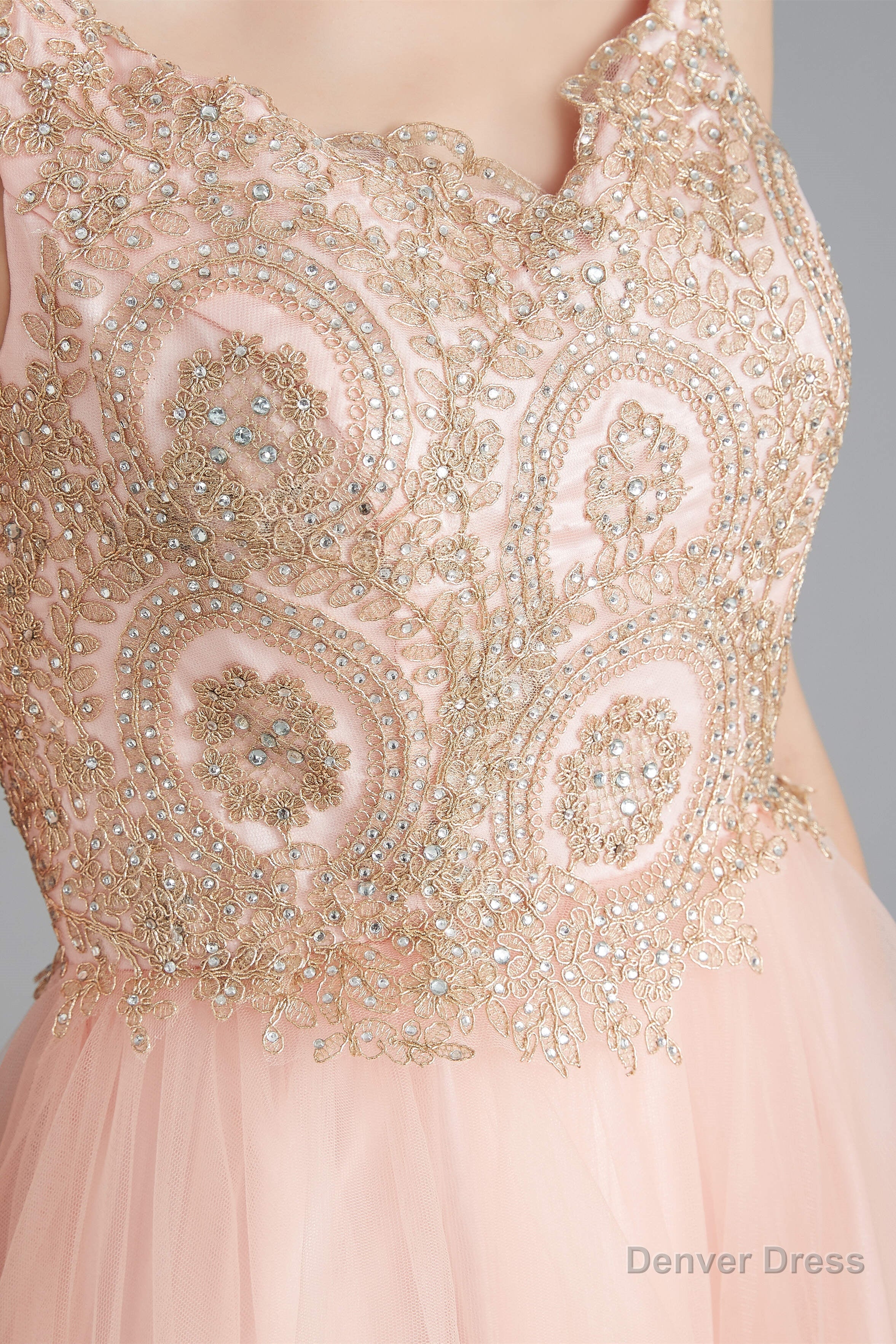 V Neck Beaded Applique Asymmetrical Sleeveless Tulle Prom Dresses