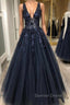 V Neck Beaded Black Lace Appliques Long Prom Dress, Black Lace Prom Graduation Prom Dresses