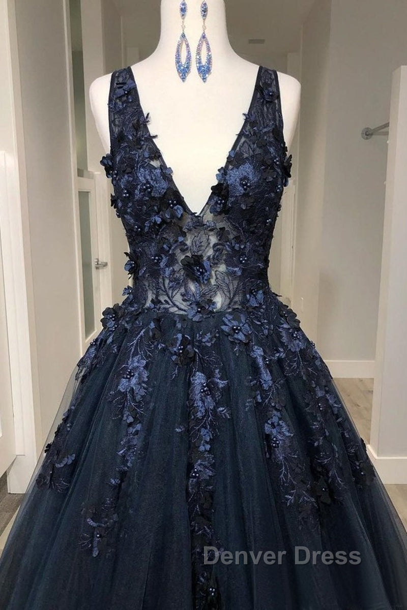 V Neck Beaded Black Lace Appliques Long Prom Dress, Black Lace Prom Graduation Prom Dresses Secondary image