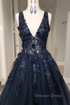 V Neck Beaded Black Lace Appliques Long Prom Dress, Black Lace Prom Graduation Prom Dresses