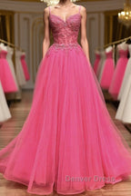 V Neck Beaded Hot Pink Lace Tulle Long Prom Dress, Hot Pink Lace Prom Dress, Hot Pink Prom Dresses