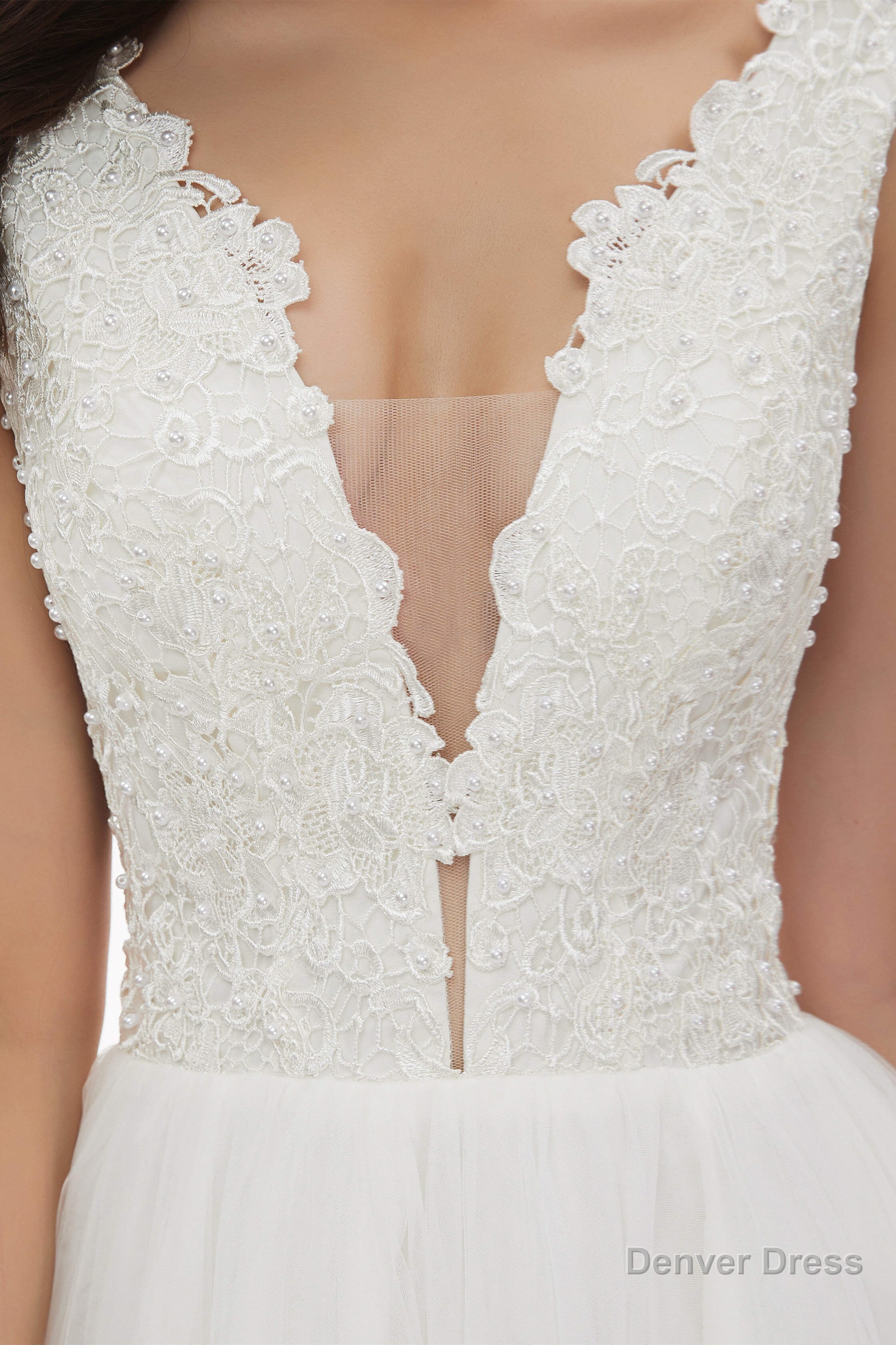 V Neck Beaded Lace Beaded Applique Tulle Wedding Dresses