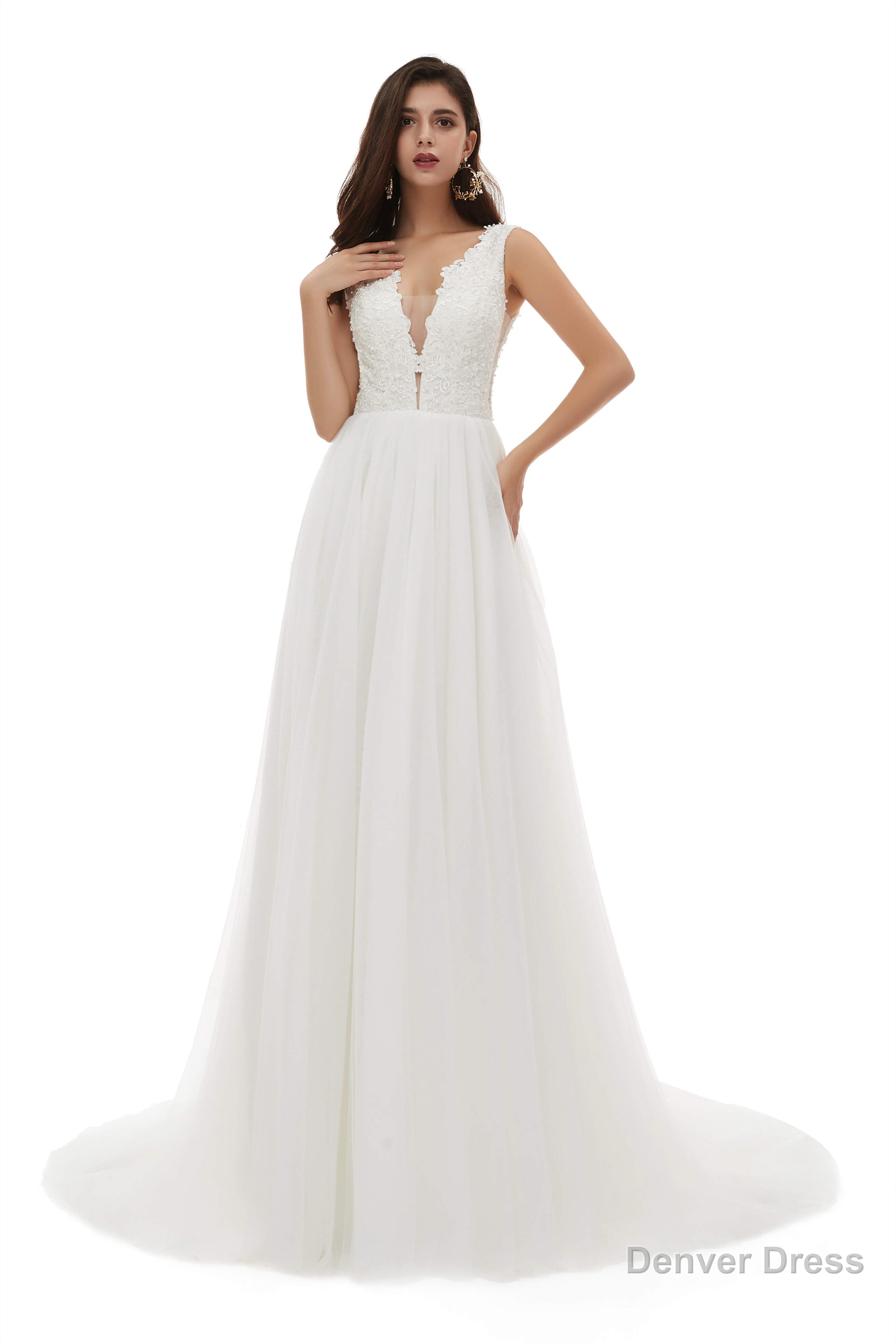 V-Neck Beaded Lace Beaded Applique Tulle Wedding Dresses
