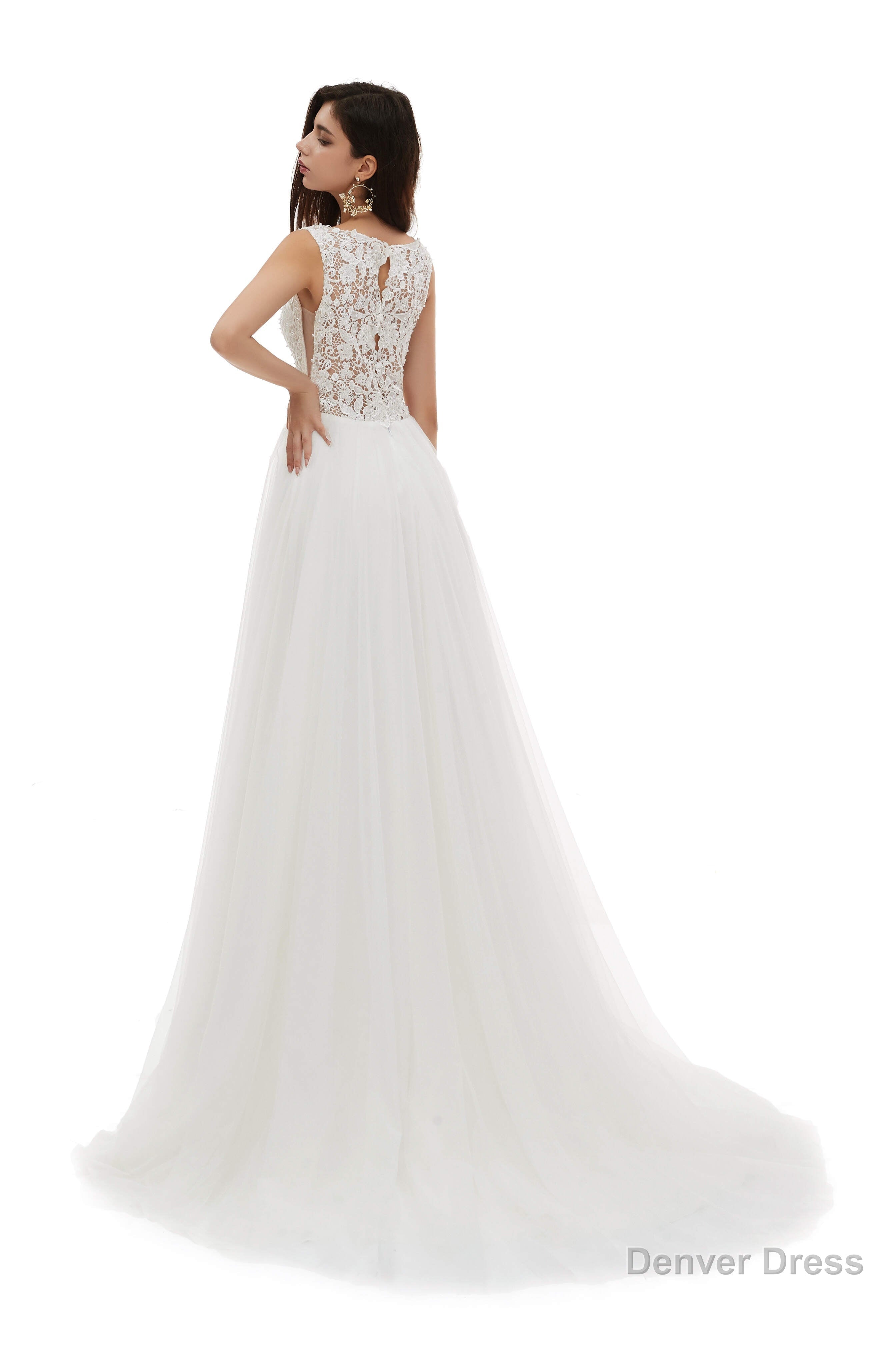 V-Neck Beaded Lace Beaded Applique Tulle Wedding Dresses