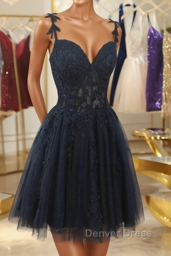 V Neck Beaded Navy Blue Lace Prom Dress, Navy Blue Lace Homecoming Dress, Short Navy Blue Prom Graduation Prom Dresses Main image