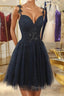 V Neck Beaded Navy Blue Lace Prom Dress, Navy Blue Lace Homecoming Dress, Short Navy Blue Prom Graduation Prom Dresses