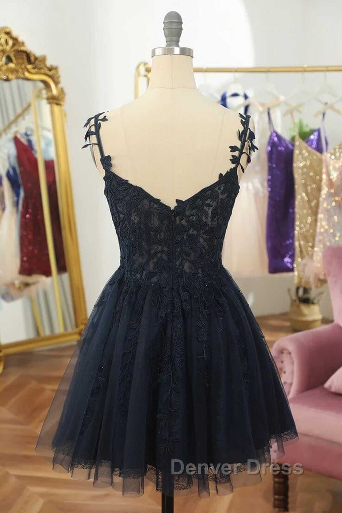 V Neck Beaded Navy Blue Lace Prom Dress, Navy Blue Lace Homecoming Dress, Short Navy Blue Prom Graduation Prom Dresses
