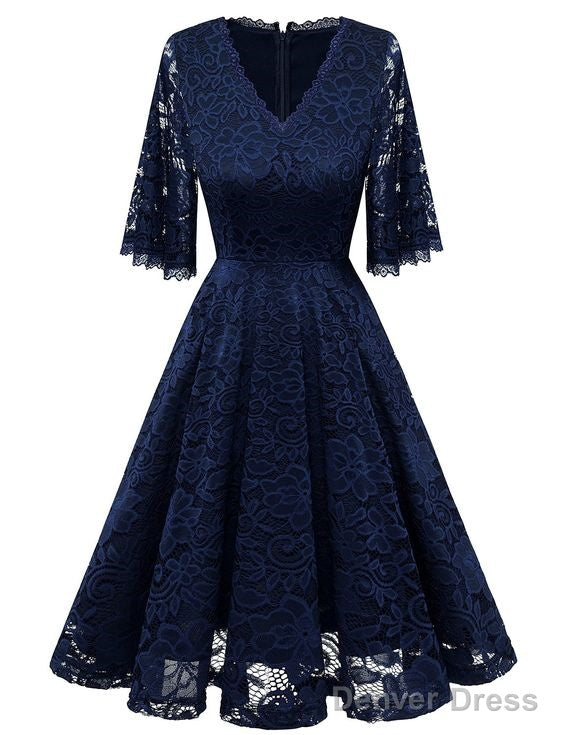 V-Neck Bell Sleeve A-Line Knee Length Lace Bridesmaid Dress Homecoming Dress With Lace Main image