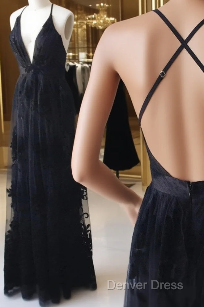 V Neck Black Backless Lace Prom Dresses, Open Back Black Lace Formal Evening Bridesmaid Dresses