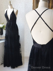 V Neck Black Backless Lace Prom Dresses, Open Back Black Lace Formal Evening Bridesmaid Dresses
