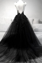 V Neck Black Lace Prom Dress, Black V Neck Lace Prom Graduation Dresses