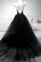 V Neck Black Lace Prom Dresses, Black V Neck Lace Formal Graduation Dresses