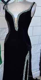 V Neck Black Long Prom Dresses with Beading
