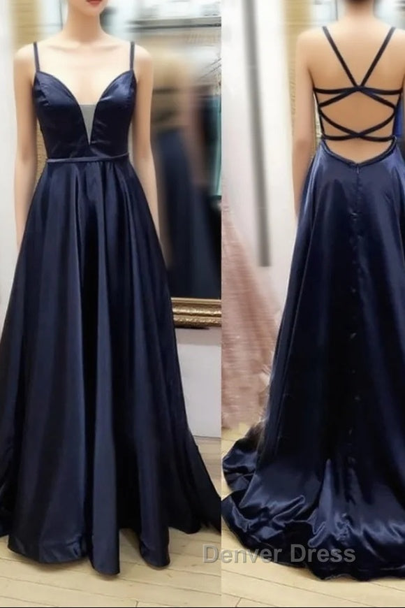 V Neck Black Satin Long Prom Dresses, Black V Neck Long Satin Formal Evening Dresses Main image