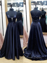 V Vestidos de baile longos de cetim preto, vestidos de noite pretos com pescoço de cetim longo