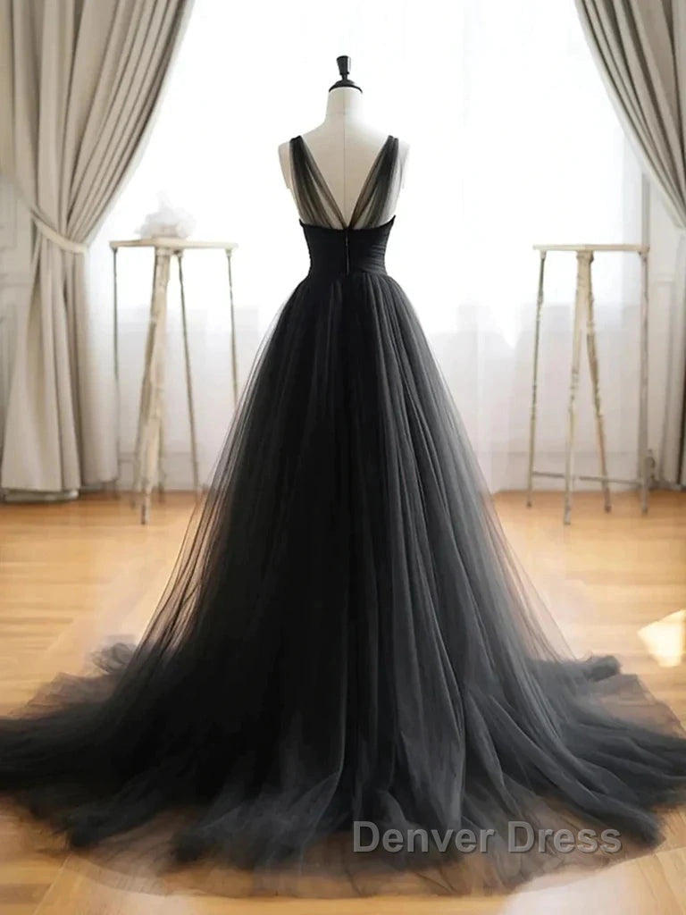 V Neck Black Tulle A Line  Prom Dresses Secondary image