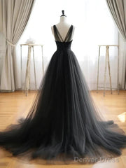 V Neck Black Tulle A Line  Prom Dress