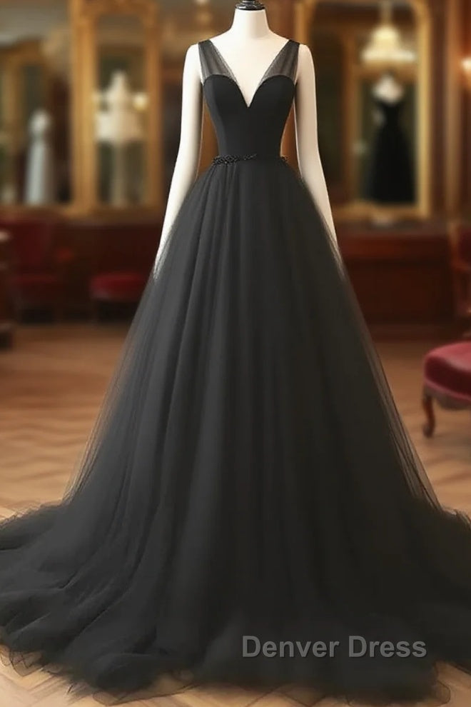 V Neck Black Tulle A Line  Prom Dresses