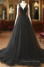 V Neck Black Tulle A Line  Prom Dresses