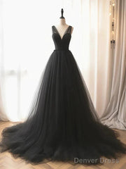 V Neck Black Tulle A Line  Prom Dress