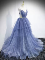 V Neck Blue Beaded Layered Long Prom Dress, Blue High Low Prom Graduation Dresses