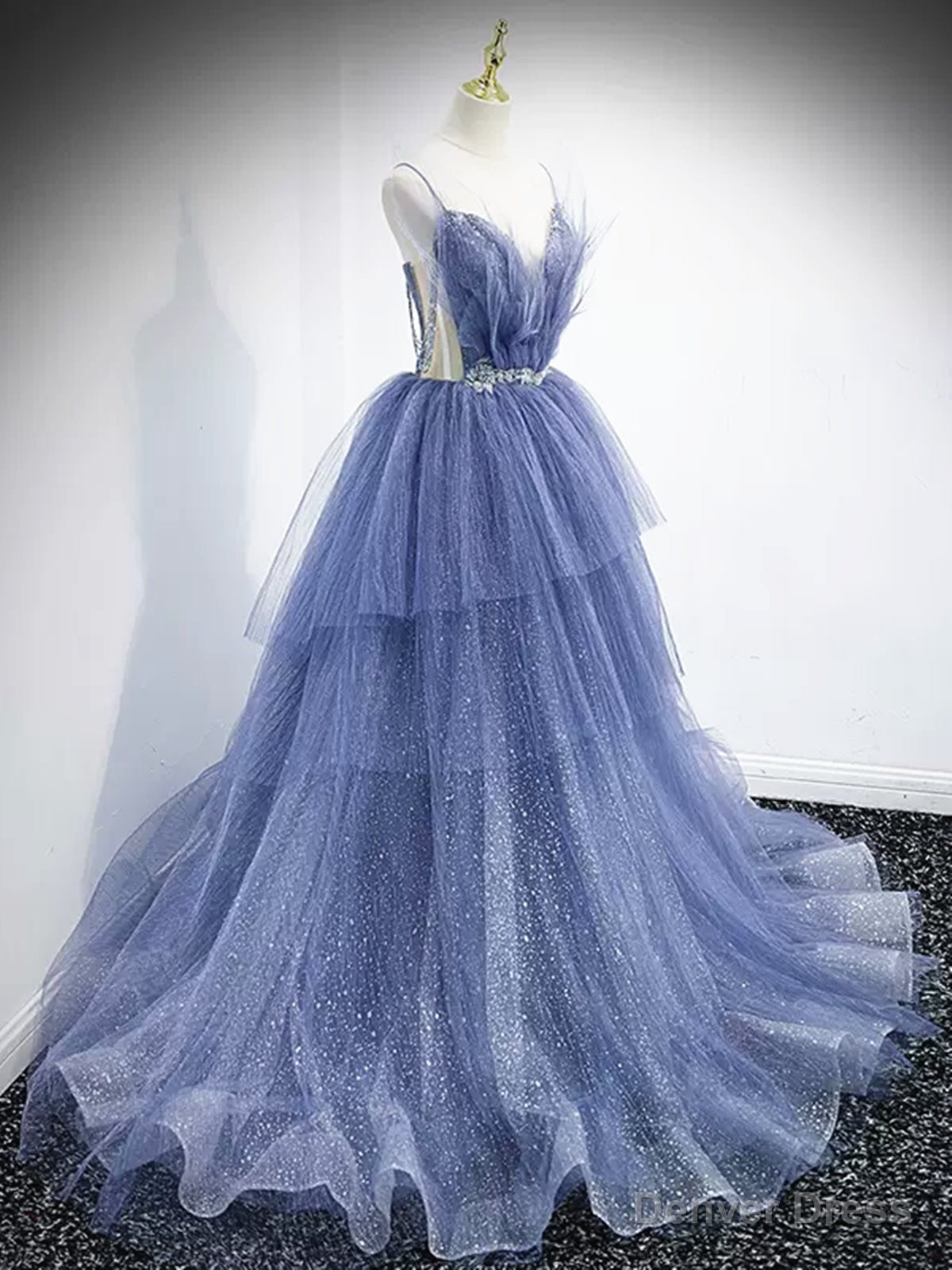 V Neck Blue Beaded Layered Long Prom Dress, Blue High Low Prom Graduation Dresses