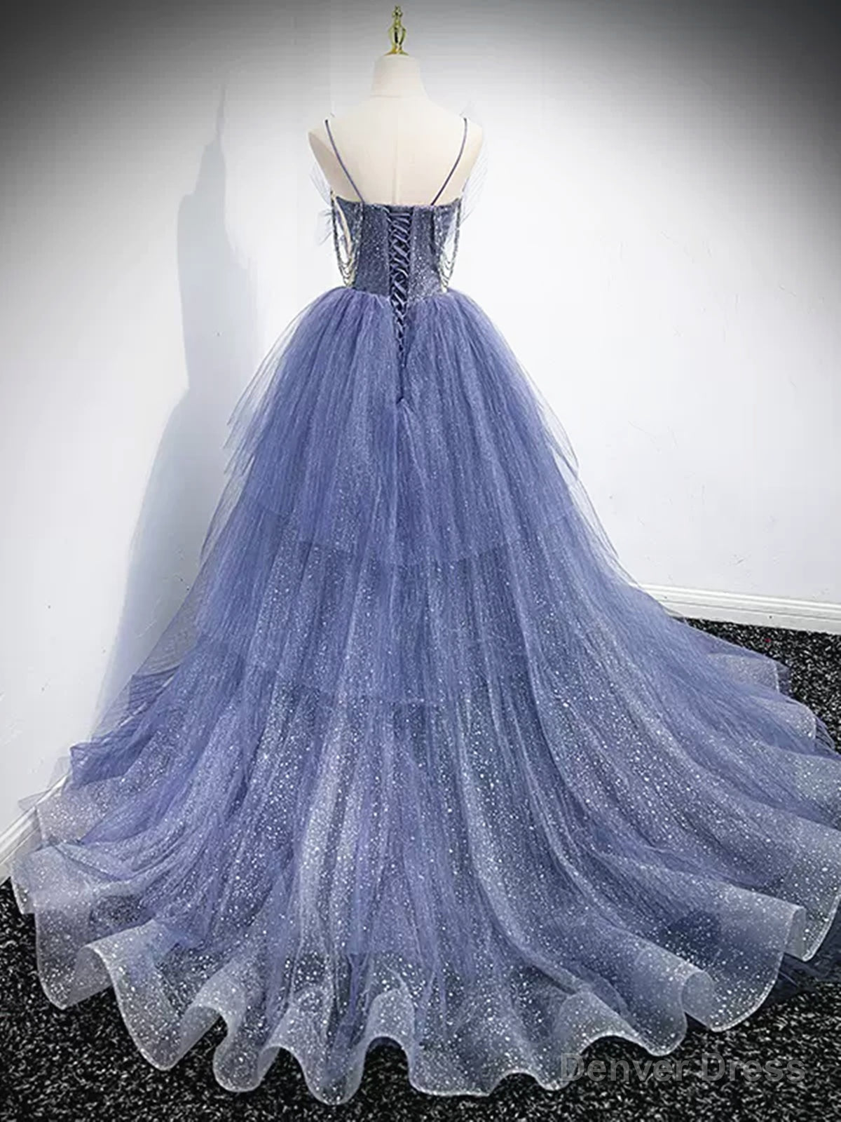 V Neck Blue Beaded Layered Long Prom Dress, Blue High Low Prom Graduation Dresses