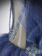 V Neck Blue Beaded Layered Long Prom Dress, Blue High Low Prom Graduation Dresses