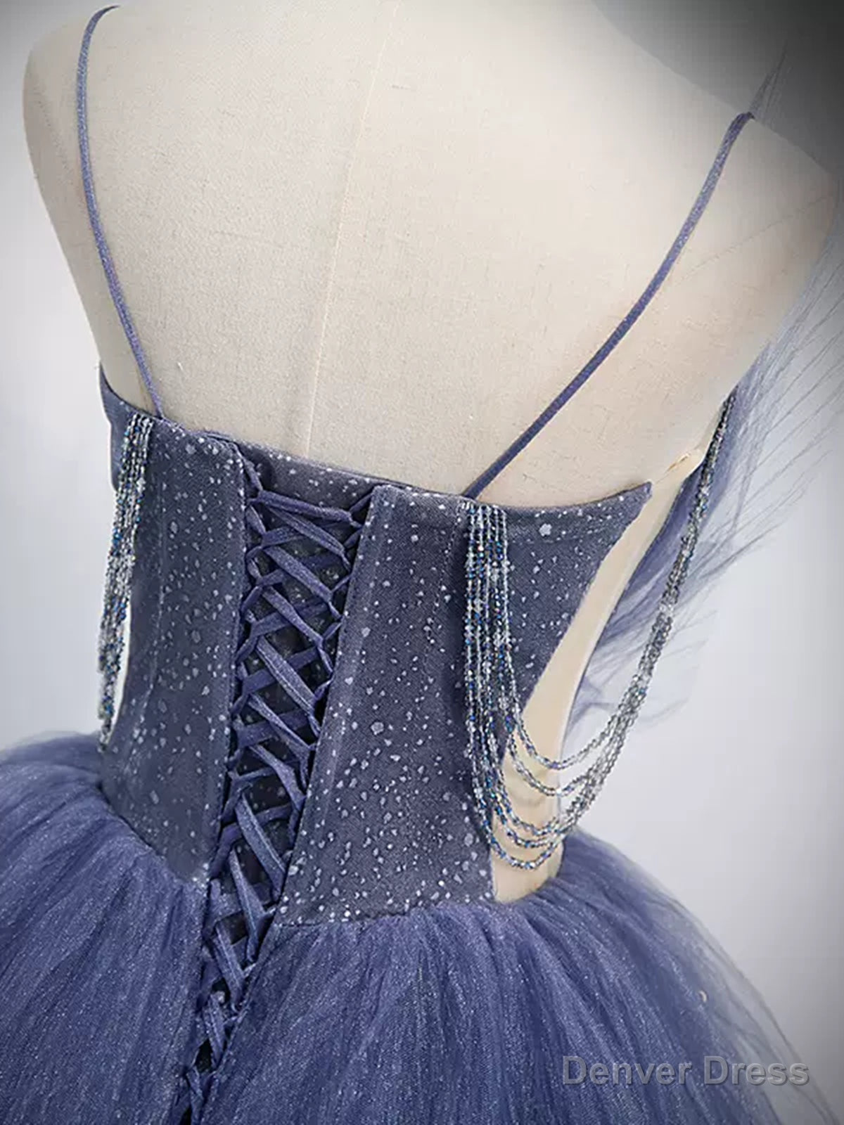 V Neck Blue Beaded Layered Long Prom Dress, Blue High Low Prom Graduation Dresses