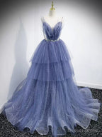 V Neck Blue Beaded Layered Long Prom Dress, Blue High Low Prom Graduation Dresses