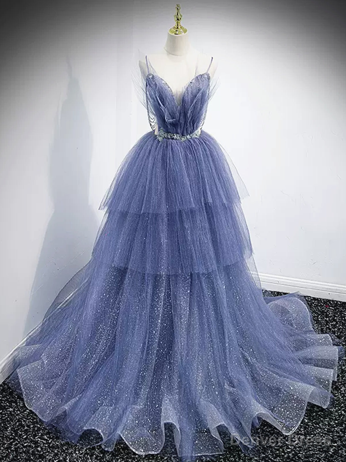 V Neck Blue Beaded Layered Long Prom Dress, Blue High Low Prom Graduation Dresses