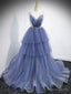 V Neck Blue Beaded Layered Long Prom Dress, Blue High Low Prom Graduation Dresses