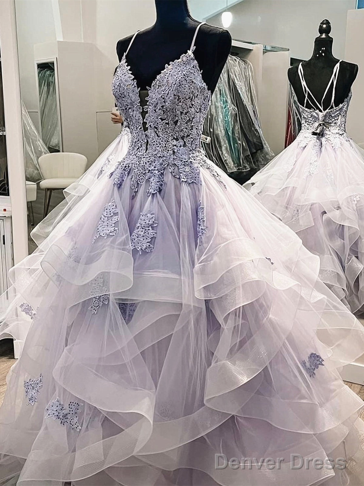 V Neck Blue Lace Puffy Long Prom Dresses, Blue Lace Long Puffy Formal Evening Dresses