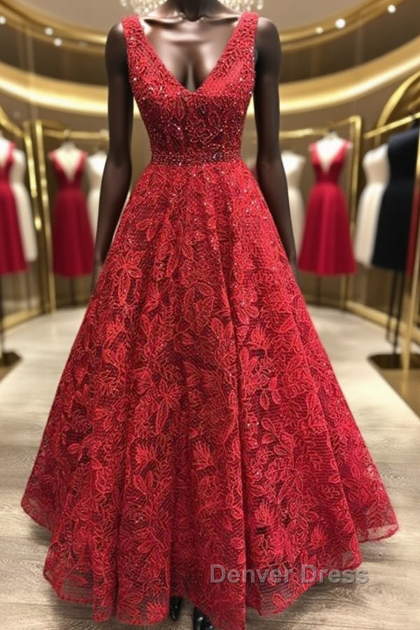 V Neck Burgundy Lace Long Prom Dress, Burgundy Lace Prom Dress, Burgundy Prom Dresses Main image