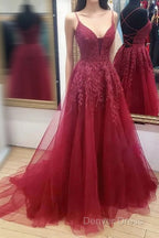 V Neck Burgundy Lace Prom Dresses Long, Wine Red V Neck Lace Long Formal Evening Dresses